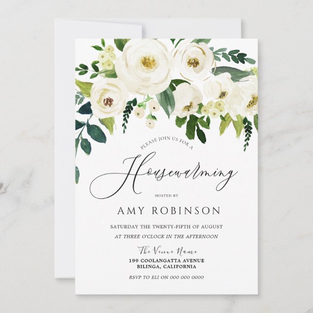 Champagne White Flowers Elegant Housewarming Party Invitation (Front)