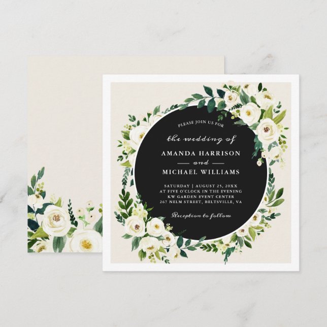 Champagne White Greenery Floral Square Wedding Invitation (Front/Back)