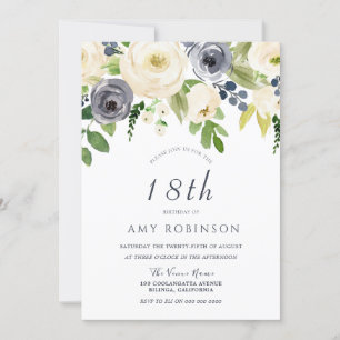 Champagne White & Navy Floral 18th Birthday Party Invitation