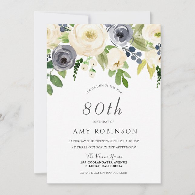 Champagne White  & Navy Floral 80th Birthday Party Invitation (Front)