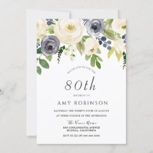 Champagne White  & Navy Floral 80th Birthday Party Invitation