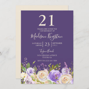 Champagne White Rose Purple 21st Birthday Party Invitation