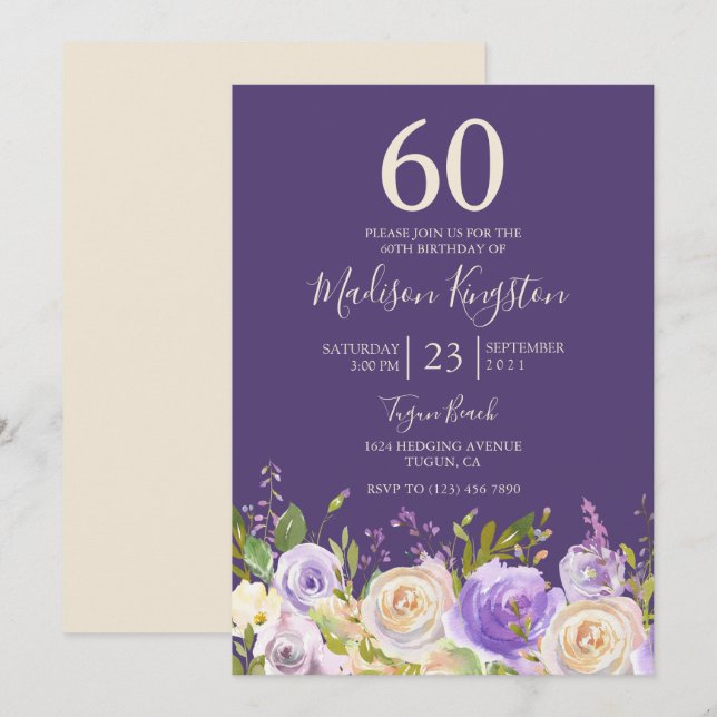 Champagne White Rose Purple 60th Birthday Party Invitation (Front/Back)