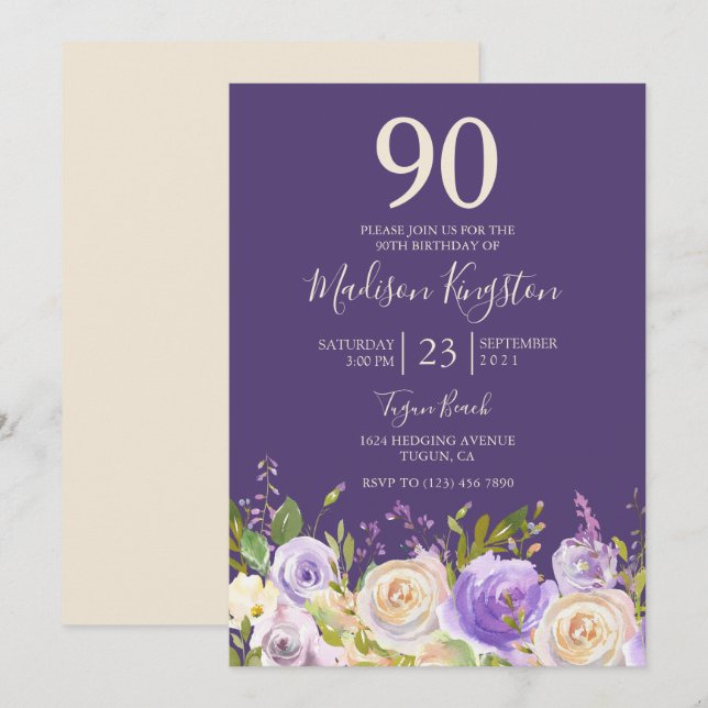 Champagne White Rose Purple 90th Birthday Party Invitation (Front/Back)