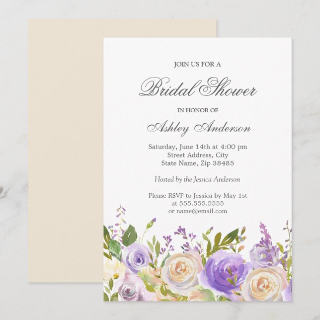 Champagne White Rose Purple Floral Bridal Shower Invitation (Front/Back)