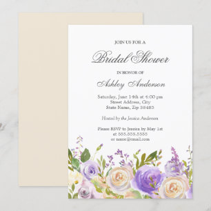 Champagne White Rose Purple Floral Bridal Shower Invitation