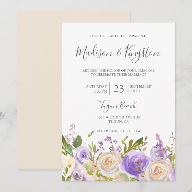 Champagne White Rose Purple Floral Elegant Wedding Invitation (Front/Back)
