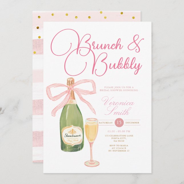 Champagne Wine Pink Bow Bridal Shower Invitation (Front/Back)