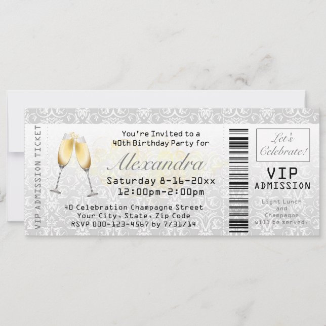 Champagne Womens 40th Birthday Party Ticket Invitation (Front)