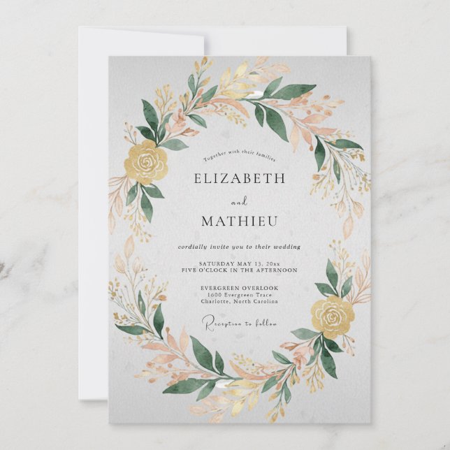 Champagne Yellow Wreath Wedding Invitation (Front)