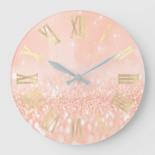 Champaign Gold Glitter Coral Metal Roman Numbers Large Clock