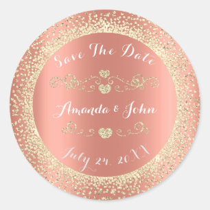 Champaigne Blush Gold Glitter Save the Date Hearts Classic Round Sticker