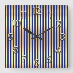 Champaigne Gold Arabic Number Blue Navy Stripes Square Wall Clock