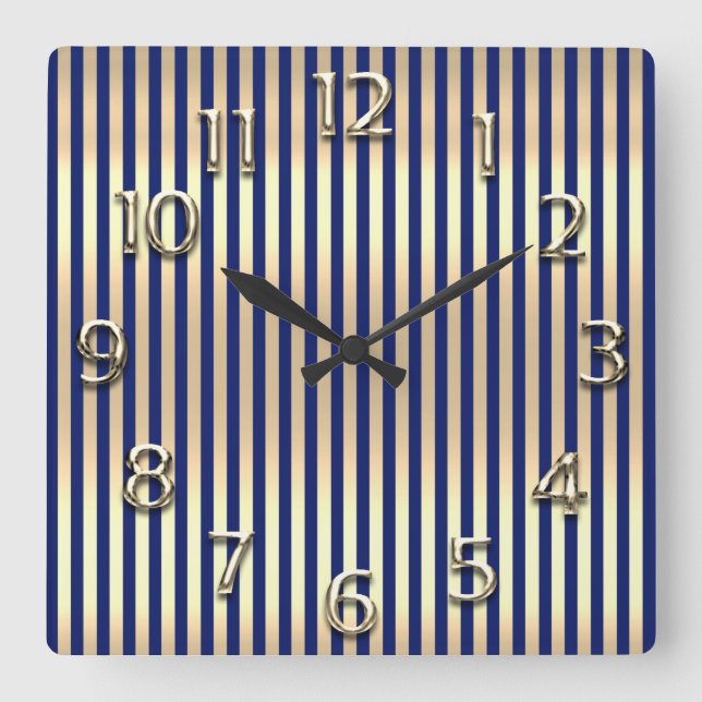 Champaigne Gold Arabic Number Blue Navy Stripes Square Wall Clock (Front)