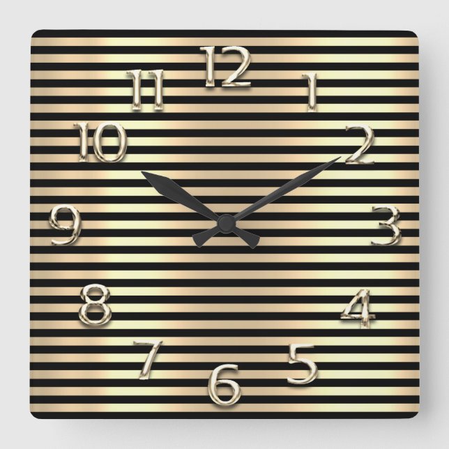 Champaigne Gold Arabic Numbers Black Lines Stripes Square Wall Clock (Front)