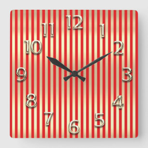 Champaigne Gold Arabic Numbers Bright Red Stripes Square Wall Clock