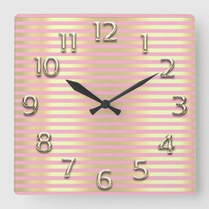 Champaigne Gold Arabic Numbers Pink Lines Stripes Square Wall Clock