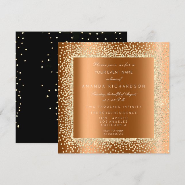 Champaigne Gold Glitter Black Confetti Honey VIP Invitation (Front/Back)