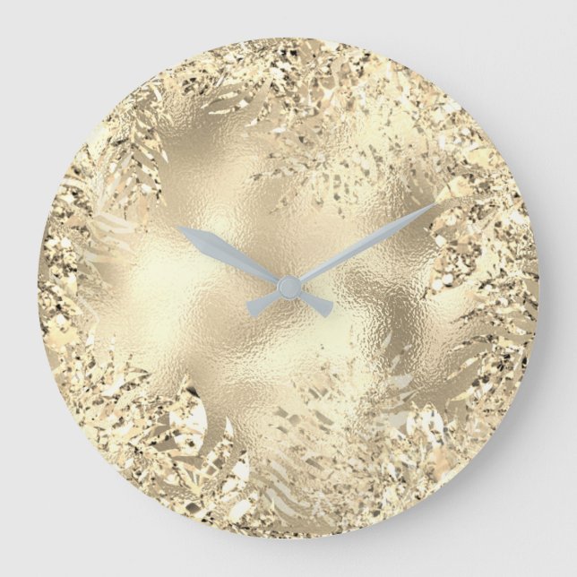 Champaigne Gold Palm Leafs Metallic Floral Large Clock (Front)