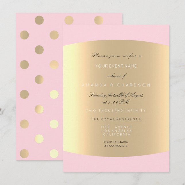 Champaigne Gold Polka Dots Sepia Rose Pink Pastel Invitation (Front/Back)