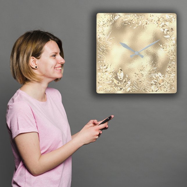 Champaigne Gold Tropical Leafs Botanical Metallic Square Wall Clock (Champaigne Gold Tropical Leafs Botanical Metallic Square Wall Clock)