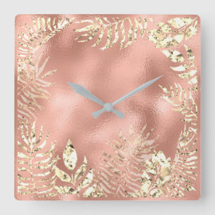 Champaigne Gold Tropical Leafs Floral Metal Blush Square Wall Clock
