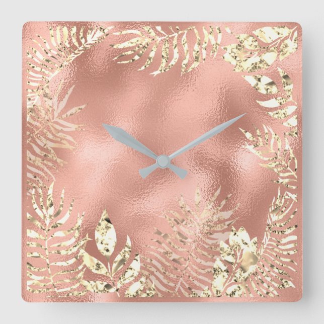 Champaigne Gold Tropical Leafs Floral Metal Blush Square Wall Clock (Front)