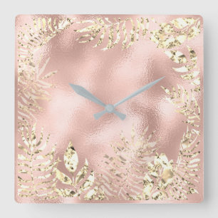 Champaigne Gold Tropical Leafs Floral Metal Pink Square Wall Clock