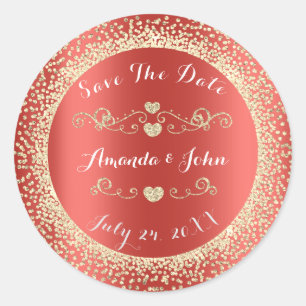 Champaigne Powder Spark Save the Date Hearts Red Classic Round Sticker
