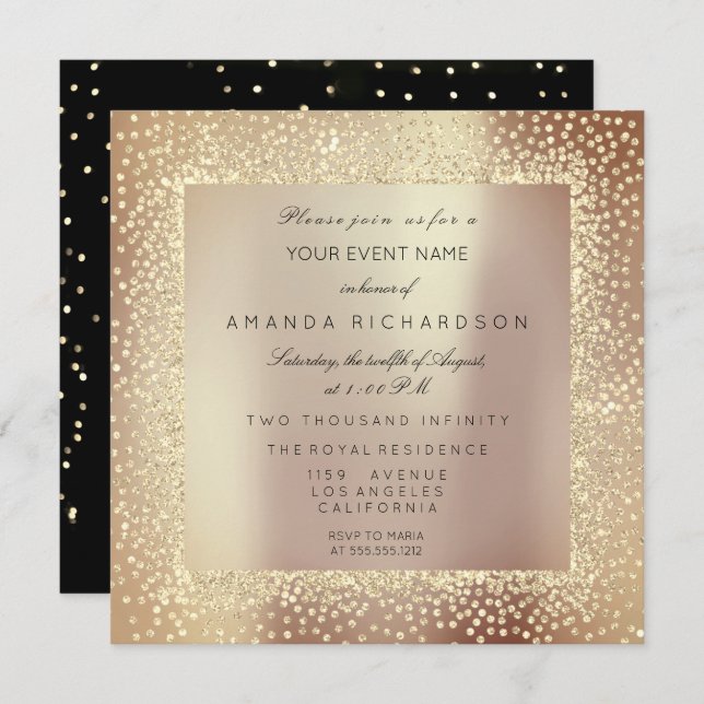 Champaigne Sepia Gold Glitter Confetti Rose Glam Invitation (Front/Back)