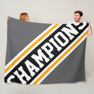 CHAMPIONS Athletic Grey Black White Orange Stripes Fleece Blanket