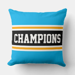 CHAMPIONS Bright Sky Blue Black Athletic Stripes Cushion