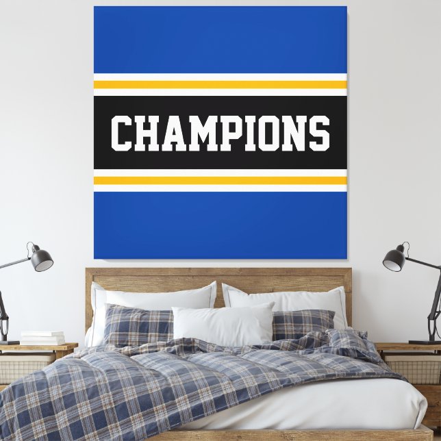 CHAMPIONS Fun Athletic Blue Orange Black Stripes Canvas Print (Insitu(Bedroom))