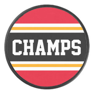 CHAMPS Bright Red Black Yellow Sporty Stripes Hockey Puck