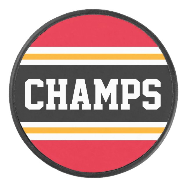 CHAMPS Bright Red Black Yellow Sporty Stripes Hockey Puck (Front)