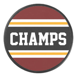 CHAMPS Deep Red Black Yellow Sporty Stripes Hockey Puck