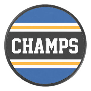 CHAMPS Fun Bold Blue Black Yellow Racing Stripes Hockey Puck