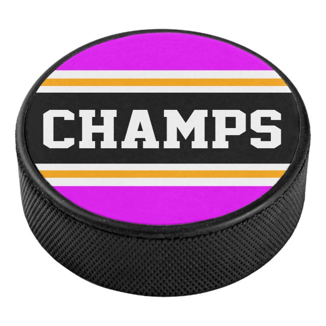 CHAMPS Fun Bright Pink Black Yellow Racing Stripes Hockey Puck (3/4)
