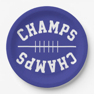 CHAMPS Fun Football Shaped Text On Deep Purple Paper Plate