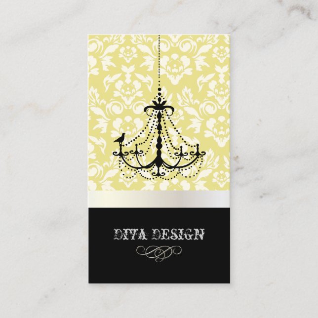 Chandelier + Baroque damask /pearl + lemon Business Card (Front)