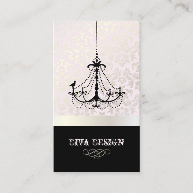 Chandelier + Baroque damask /pearl + pink Business Card (Front)