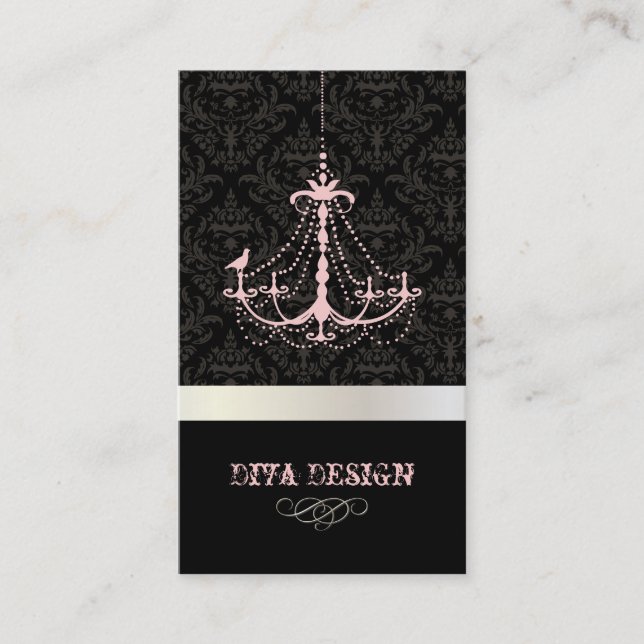 Chandelier + Baroque damask /pearl + pink Business Card (Front)