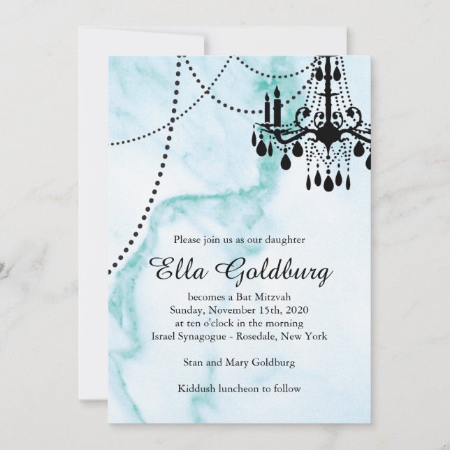 Chandelier Bat Mitzvah Invite on Turquoise Marble (Front)