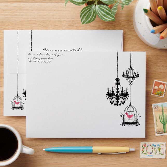 Chandelier Bird Cage Damask Wedding Envelopes (Desk)