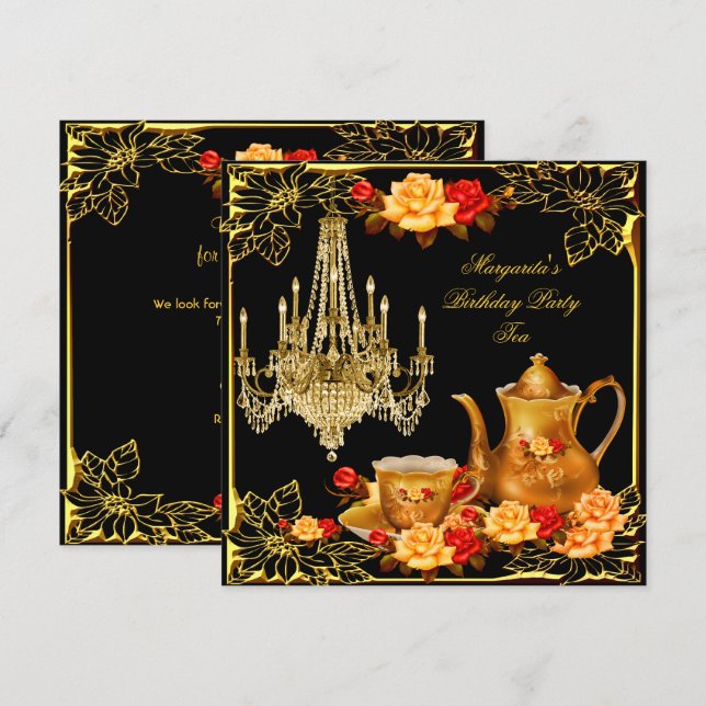 Chandelier Birthday Party Vintage Red Gold Rose Invitation (Front/Back)