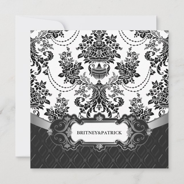 Chandelier Black Damask White Wedding Invitations (Front)