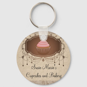 Chandelier Frame Cupcake Pink and Brown Damask Key Ring