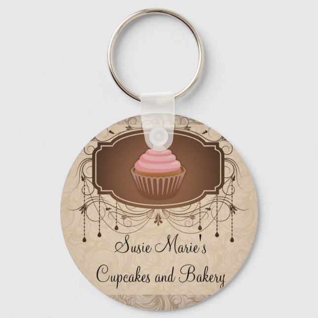 Chandelier Frame Cupcake Pink and Brown Damask Key Ring (Front)