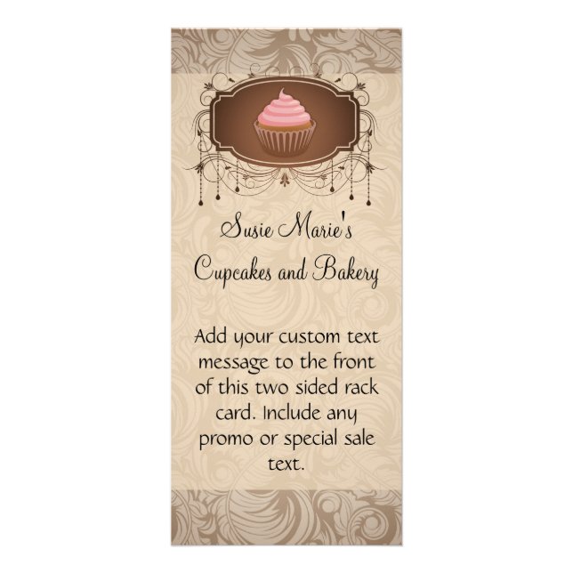 Chandelier Frame Cupcake Pink and Brown Damask Rack Card (Front)