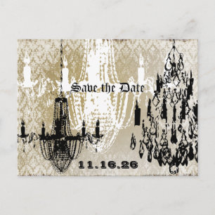 Chandelier Gold Black and White Distressed Damask Announcement Postcard
